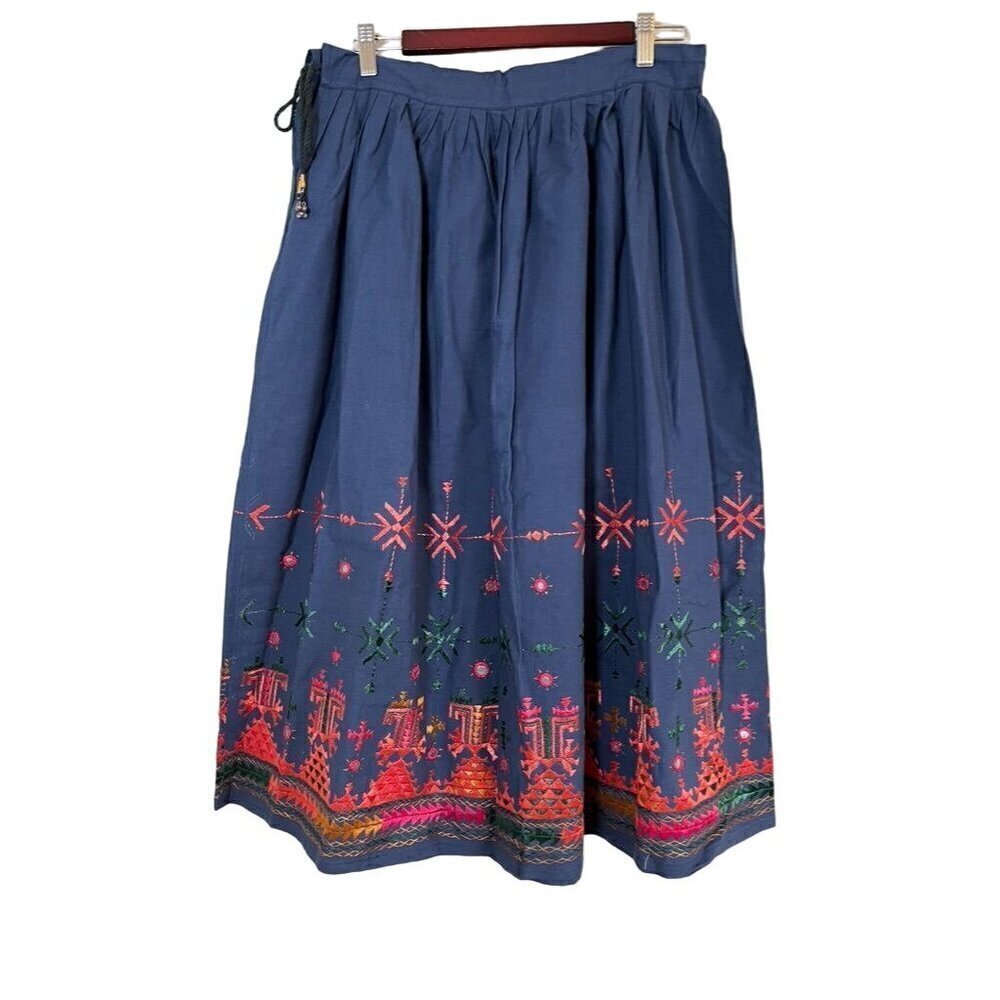 Skirt M Blue Maxi Belted Floral Aztec Boho Western Feminine Retro Vintage 80s